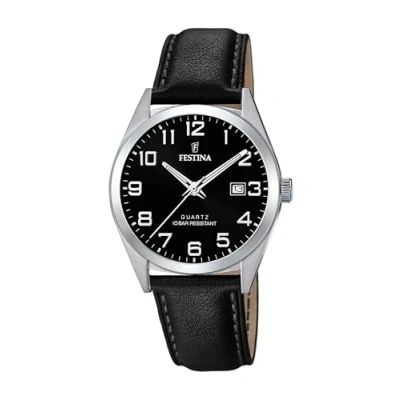 Afbeelding van Festina Heren analoog kwartshorloge met lederen band F20446/3, zwart, armband, zwart., Armband