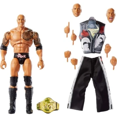 Afbeelding van Mattel WWE Ultimate Edition figuur en accessoires, 15,2 cm The Rock verzamelset, verwisselbare koppen handen, 30 gewrichtspunten
