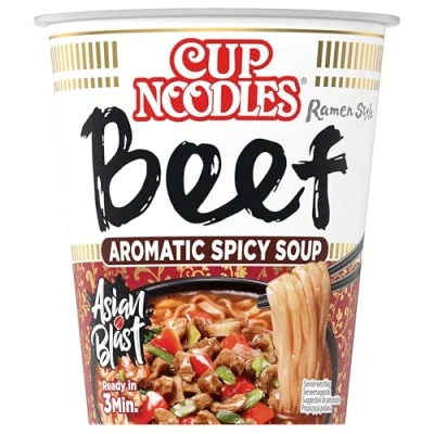 Image de Nissin Cup Noodles Lot de 1 soupe bœuf instantanée avec saveur boeuf et épices Préparation rapide dans une tasse x 64 g