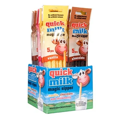 Image de Lot de 12 paquets 5 pailles (60 pailles) Quick Milk fraise, vanille, chocolat magique au lait 0,36 kg