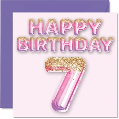 Afbeelding van stuff4 Verjaardagskaart voor meisjes 7 jaar, roze en paarse glitterballonnen, verjaardagskaarten dochter, zus, kleindochter, neef, 145 mm x