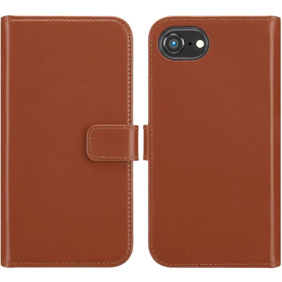 Afbeelding van Selencia Hoesje Geschikt voor iPhone 16e Echt Lederen Bookcase Lichtbruin