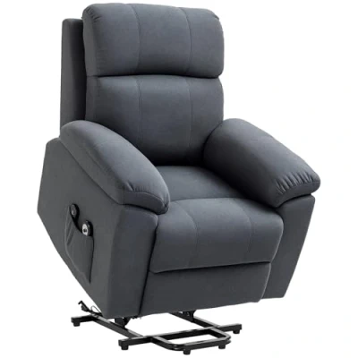 Afbeelding van HOMCOM elektrische hefstoel, relaxstoel, massagestoel en verstelbare rugleuning, hefstoel met voetensteun, afstandsbedieningen, imitatie linnen bekleding, grijs
