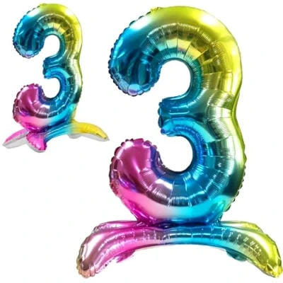 Afbeelding van Ballon 3ème Anniversaire Numéro 3 Foil Multicolore Debout XXL Géant en Aluminium 82cm Décoration de Deco pour Anniversaire.