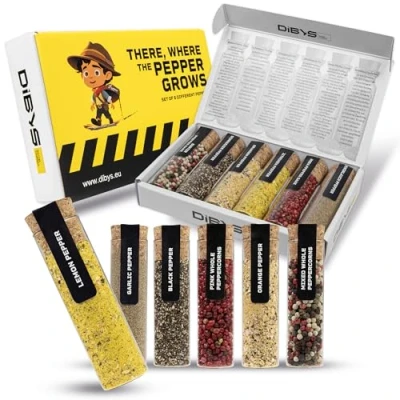 Afbeelding van DIBYS Pepercadeauset, 6 soorten peper geselecteerd in reageerbuis met recepten, fascinerende en gevarieerde pepermix, ideaal cadeau voor keukenliefhebbers