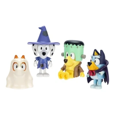 Afbeelding van Bluey 4 stuks Halloween figuren, 6,3 cm grote beweegbare figuren van Bluey, Bingo, Chloe en Lucky gekleed in kostuums, met accessoires, kinderen kunnen hun momenten naspelen