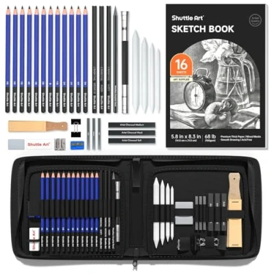 Afbeelding van Shuttle Art Set van 37 schetspotloden en potloden in robuuste etui met ritssluiting houtskool schetsboeken, professionele tekenpotloden voor kunstenaars, volwassenen