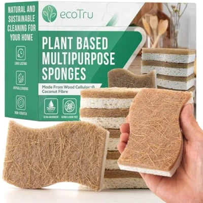 Afbeelding van ecoTru Lot de 6 éponges cuisine naturelles, cellulose blanche compostable et noix coco biologique pour laver la vaisselle, respectueuses l&#039;environnement, anti rayures biodégradables