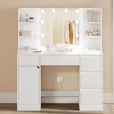 Afbeelding van WOLTU make uptoilet met ledverlichting, meervoudige stekker, instelbare helderheid, uptafel 5 laden en open planken, 110 x 40 140 cm, voor slaapkamer