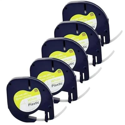 Afbeelding van 5 stuks kunststof tape wit 91201 S0721610 S0721660 voor Dymo Letratag LT110T, LT100H, LT100T, QX50, XR, zwart op wit, 12 mm x 4 m