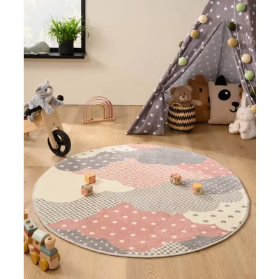 Afbeelding van Rond Tapijt/Vloerkleed Kinderkamer Wolk Magic Roze/grijs 120 Cm