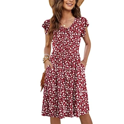 Afbeelding van Molerani Zomerjurk voor dames, casual, ruches, V hals, elastische taille, midi jurk met zakken, maten S 2XL