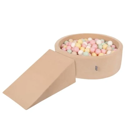 Afbeelding van KiddyMoon Velvet Speelplaats van schuim met ronde ballenbad (200 ballen) ballenbakken voor kinderen speelgoed hindernisbaan, zandbeige: pastelbeige/pastelgeel/wit/mint/poederroze