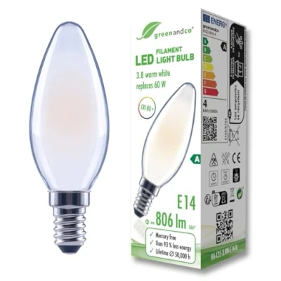 Afbeelding van greenandco Led filamentlamp, mat, E14 C35, 3,8 W, 806 lm, vervangt 60 2700 K, warmwit, 320 graden, 230 V, flikkervrij, energieklasse A, niet dimbaar