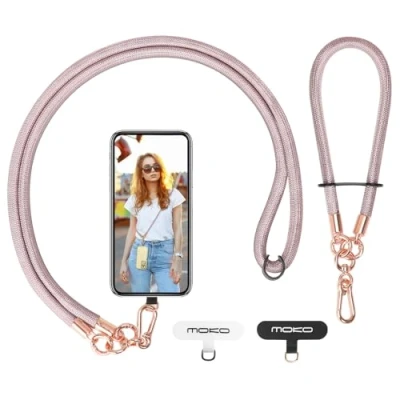 Afbeelding van MoKo Verstelbaar telefoonkoord met polsband, universeel koord voor laptop, smartphone halsband, bevestigingsband, 1 x telefoonriem, 2 stuks, goud