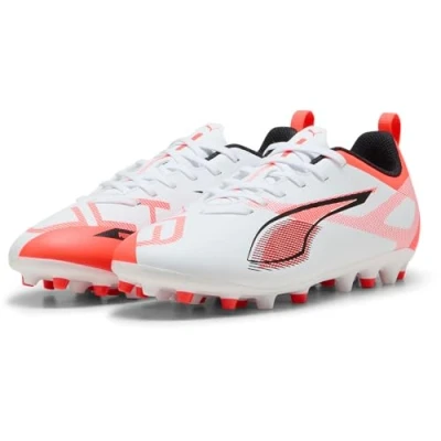 Afbeelding van Puma Ultra 5 PLAY MG JR Unisex Voetbalschoenen met kunststof noppen voor kinderen, Maat: 38, White/black/glowing red Textiel/ synthetisch