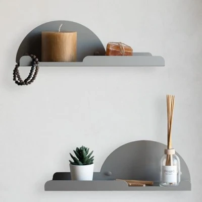 Afbeelding van MILUKA Set van 2 wandplanken met haken 35 cm kapstok, ingangen wandrek badkamerrek of nachtkastje (2 stuks, grijs)