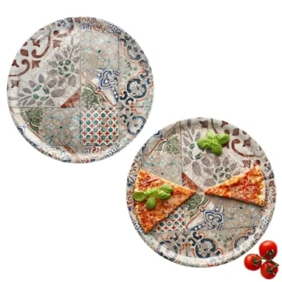 Afbeelding van MamboCat Alcazar pizzaborden, 2 stuks, Ø 33 cm, voor personen, grote pizzaborden van porselein met mediterrane tegellook, pizza of om te serveren, borden