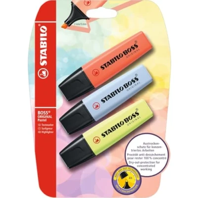 Afbeelding van Stabilo BOSS Original Pastel 3 markeerstiften rood (koraalrood), blauw (wolkblauw), groen (limoen)