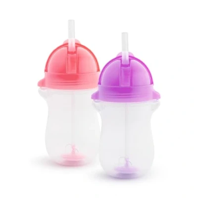 Afbeelding van Munchkin Mok met rietje Click Lock Tip &amp; Sip, babyfles verzwaarde voor baby&#039;s en baby&#039;s, lekvrije kinderbeker, BPA vrij, vaatwasmachinebestendig, 296 ml, 2 stuks, roze/paars