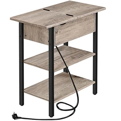 Afbeelding van HOOBRO Bijzettafel, inklapbaar bankuiteinde met stekkerdoos en opbergplanken, dun nachtkastje voor kleine ruimtes, industriële stijl, woonkamer, slaapkamer, grijs zwart EBG342BZ01