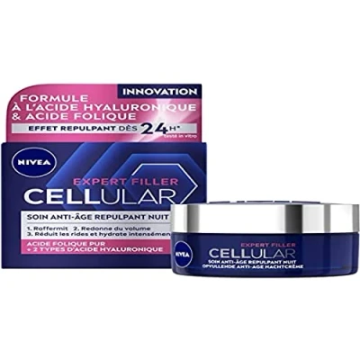 Image de NIVEA Cellular Expert Filler Soin Visage Anti Age Repulpant Crème De Nuit Hydrate, Raffermit, Redonne Volume &amp; Réduit Rides Acide Hyaluronique Folique Pur Tous Types Peaux 50 ml