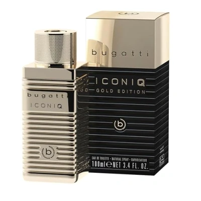 Afbeelding van bugatti Iconiq Gold Edition herenparfum, 100 ml, eau de toilette voor heren met bergamot, kruidige noten, iris en muskus, sensueel zelfverzekerd, geur