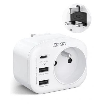 Afbeelding van LENCENT Adapter voor stekker UK/Engels, Frans, met 2 USB poorten en 1 C poort, geschikt Engeland, Ierland, Verenigd Koninkrijk, Schotland, elektrische adapter, mannelijk UK/vrouwelijk,