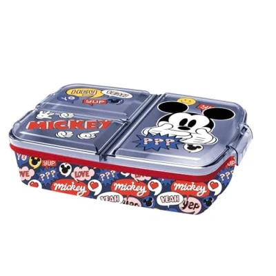 Afbeelding van p:os 32979 Mickey Mouse lunchbox voor kinderen met 3 vakken, kunststof clipsluitingen, kleuterschool, school en vrije tijd, meerkleurig, 18 x 13,5 5,5 cm