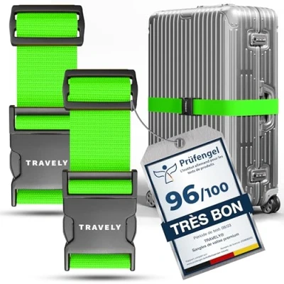 Afbeelding van Travely® Set van 2 hoogwaardige kofferriemen, bijzonder zichtbaar en veilig, met naamlabels, ideale kofferriem aan het kruis, Groen