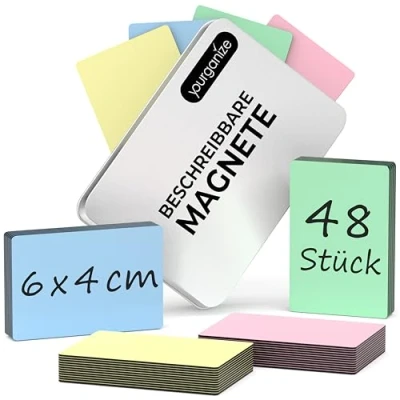 Afbeelding van YOURGANIZE® 48 beschrijfbare magneten pastel 6x4 cm magneetstrip beschrijfbaar voor koelkast, whiteboard, scrum &amp; kanban board whiteboard in 4 pastelkleuren (maat M)