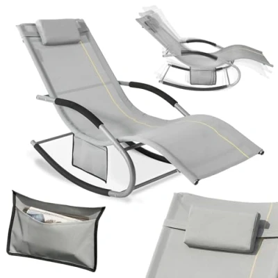 Image de SoBuy OGS28 GR Bain de Soleil Chaise Longue Fauteuil à Bascule avec Appui tête et Pochette latérale