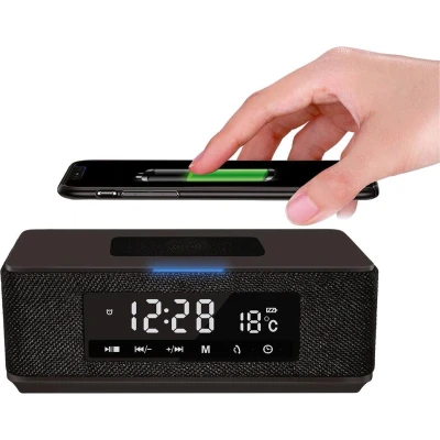 Afbeelding van Platinet PMGQ15B Draagbare Stereo Bluetooth Speaker met wekker en belfunctie FM Radio 5.0 USB SD Thermometer Zwart