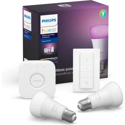 Afbeelding van Philips Hue Starterspakket E27 Lichtbron met Bridge en Dimmer Switch White and Color Ambiance 2 x 9W Bluetooth