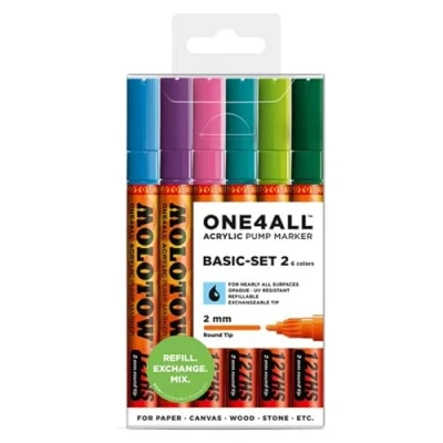 Afbeelding van Molotow acryl stiften Set ONE4ALL 2 mm Basis 6 kleuren