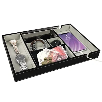 Afbeelding van Belle Vous Zwart Faux Lederen 6 Compartiment Valet Dressoir/Nachtkast Organizer Tray Bureau Opslag Doos voor Beurs, Telefoon, Sleutel, Sieraden, Mannen Accessoires, Geld, Armbanden Allesvanger