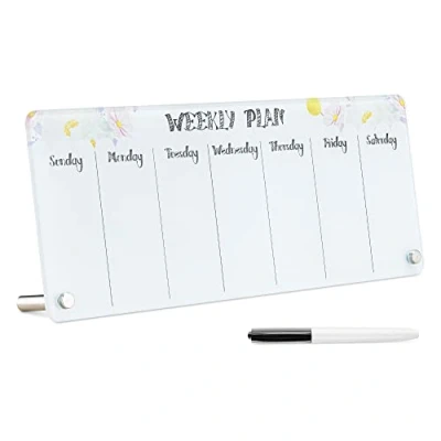 Afbeelding van Navaris Glazen whiteboard Weekplanner 40,6 x 15,2 0,4 cm om op tafel te zetten met zwart vilt boodschappenlijst notities