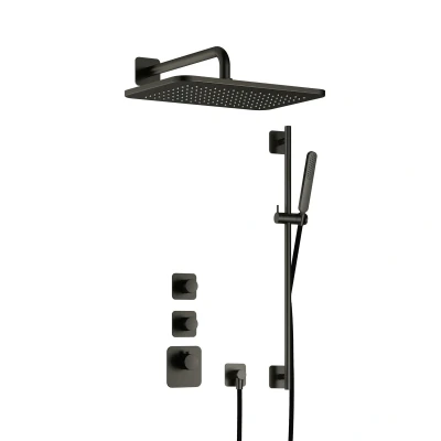 Afbeelding van Hotbath Gal Regendoucheset IBS40 Geborsteld Gunmetal PVD Staaf Handdouche 40cm Hoofddouche Wandarm met glijstang