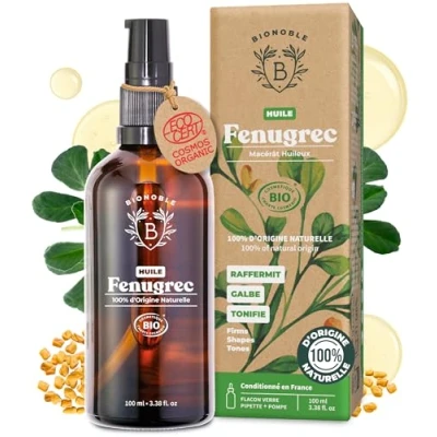 Afbeelding van Bionoble Biologische fenegriekolie, 100 ml, maceraat op basis van fenegriekzaad + zonnebloemolie, lichaam, borst, billen, haar, nagels, veganistische glazen fles