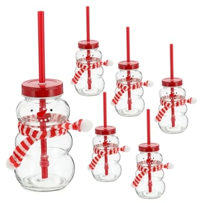 Afbeelding van Cepewa Set van 6 sneeuwpopglazen, inhoud 260 ml, diameter 7 cm, glas metaal en kunststof, met deksel rietje