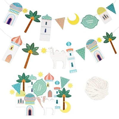 Afbeelding van Papierdrachen Set van 3 slingers 10 m als ramadan decoratie, pastel, knutseldecoratie voor jongens, meisjes en volwassenen, prachtig decoratief design