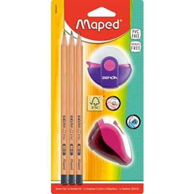 Afbeelding van Maped Starterset voor leerlingen van FSC gecertificeerd hout 3 Black&#039;PEPS, 1 Zenoa gum, Clean puntenslijper Groen, roze, blauw Willekeurige kleur 5 stuks (1 verpakking)