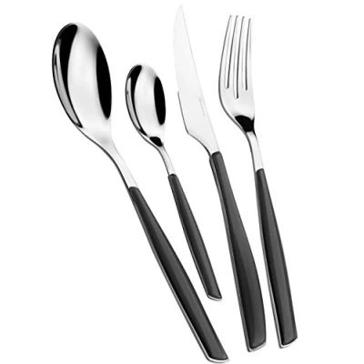 Afbeelding van BUGATTI, Glamour, 24 delige bestekset van roestvrij staal 18/10 en zwart rokerig handvat, voor 6 personen, bestaande uit lepels, vorken, messen theelepels
