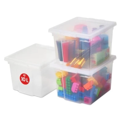 Afbeelding van Iris Ohyama, set van 3 opbergdozen, 10 liter, met deksel, stapelbaar, voor in de garage, slaapkamer, woonkamer Useful Storage Box USB SP Transparant
