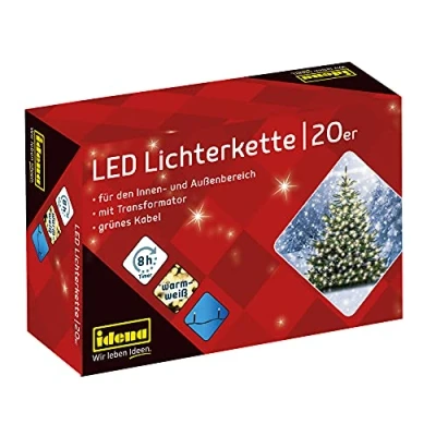 Afbeelding van Idena 8325052 Lichtsnoer met 20 leds in warm wit, 8 uur timerfunctie en transformator, voor binnen buiten, feestjes, Kerstmis, decoratie, bruiloft