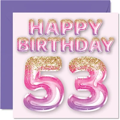 Afbeelding van Verjaardagskaart voor vrouwen, 53e verjaardag, roze en paarse glitterballonnen, verjaardagskaarten vrouwen van 53, oma, tante, 145 mm x mm, 53 jaar, kaarten