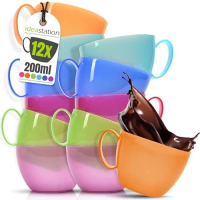 Afbeelding van idea station Set van 12 kleurrijke plastic bekers voor kamperen, koude en warme dranken, koffie thee, geschikt kinderen ouderen, overschakelen naar