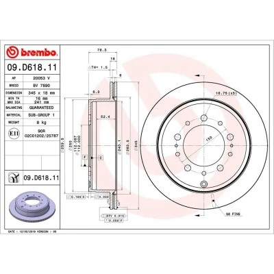 Afbeelding van BREMBO 09.D618.11 Remschijf 345 18 5 interne ventilatie Gecoat TOYOTA: Land Cruiser 200, Tundra II Pickup