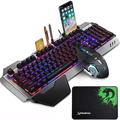Afbeelding van RGB LED Backlit Bedraad Gaming Toetsenbord en Muisset met 104 Toetsen Metalen Plaat, Handsteun, Optisch 2400 DPI USB verlicht 6 Knoppen + Muismat Compatibel