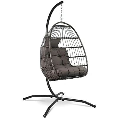 Afbeelding van Vita5 Egg Hangstoel Binnen en Buiten Cocoon Stoel met Standaard tot 150kg Opvouwbaar Incl. Kussen Donkerbruin